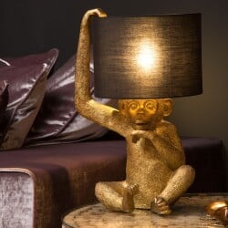 Affentischlampe Chimp in Gold mit Schirm aus Baumwolle in...