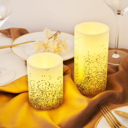 LED Wachskerze Golden Glitter in Elfenbein und Gold 2x...